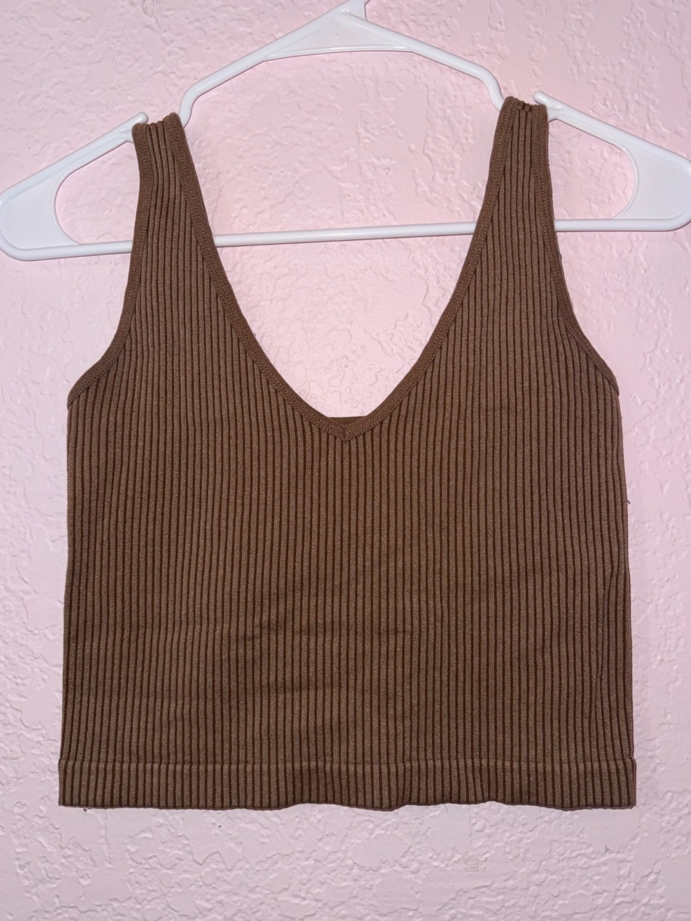 Aura Brown Ribbed V-Neck Crop Tank
